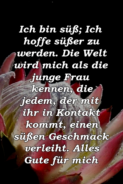 Ich bin süß; Ich hoffe süßer zu werden. Die Welt wird mich als die junge Frau kennen, die jedem, der mit ihr in Kontakt kommt, einen süßen Geschmack verleiht. Alles Gute für mich