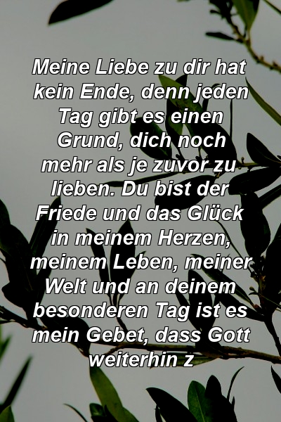 Meine Liebe zu dir hat kein Ende, denn jeden Tag gibt es einen Grund, dich noch mehr als je zuvor zu lieben. Du bist der Friede und das Glück in meinem Herzen, meinem Leben, meiner Welt und an deinem besonderen Tag ist es mein Gebet, dass Gott weiterhin z