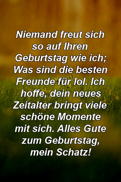 Niemand freut sich so auf Ihren Geburtstag wie ich; Was sind die besten Freunde für lol. Ich hoffe, dein neues Zeitalter bringt viele schöne Momente mit sich. Alles Gute zum Geburtstag, mein Schatz!