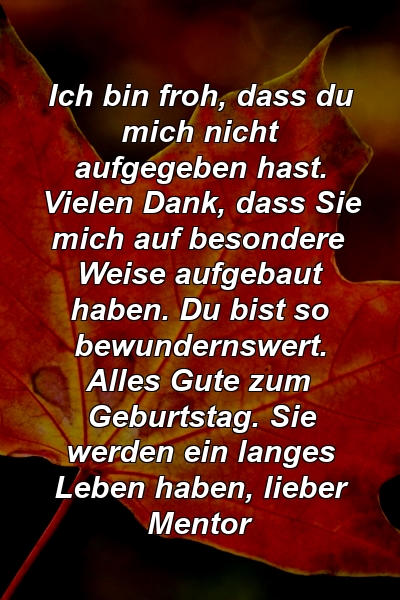 Ich bin froh, dass du mich nicht aufgegeben hast. Vielen Dank, dass Sie mich auf besondere Weise aufgebaut haben. Du bist so bewundernswert. Alles Gute zum Geburtstag. Sie werden ein langes Leben haben, lieber Mentor