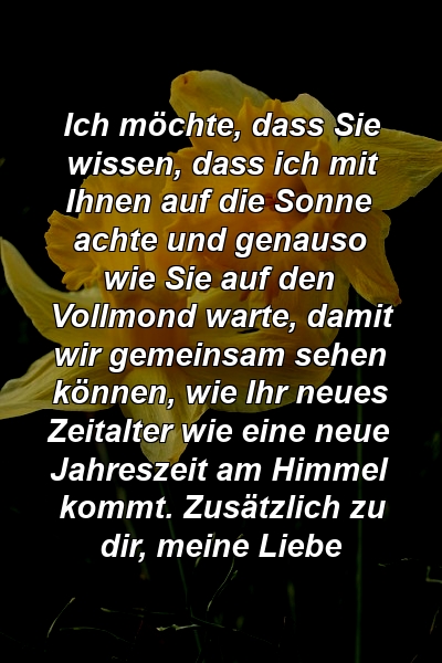 Ich möchte, dass Sie wissen, dass ich mit Ihnen auf die Sonne achte und genauso wie Sie auf den Vollmond warte, damit wir gemeinsam sehen können, wie Ihr neues Zeitalter wie eine neue Jahreszeit am Himmel kommt. Zusätzlich zu dir, meine Liebe