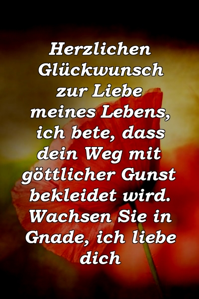 Herzlichen Glückwunsch zur Liebe meines Lebens, ich bete, dass dein Weg mit göttlicher Gunst bekleidet wird. Wachsen Sie in Gnade, ich liebe dich