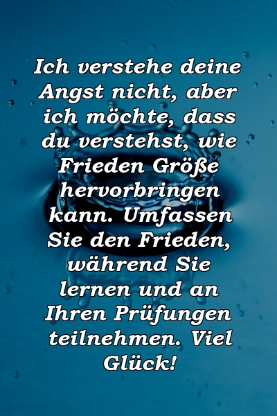 Ich verstehe deine Angst nicht, aber ich möchte, dass du verstehst, wie Frieden Größe hervorbringen kann. Umfassen Sie den Frieden, während Sie lernen und an Ihren Prüfungen teilnehmen. Viel Glück!