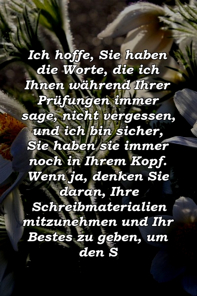 Ich hoffe, Sie haben die Worte, die ich Ihnen während Ihrer Prüfungen immer sage, nicht vergessen, und ich bin sicher, Sie haben sie immer noch in Ihrem Kopf. Wenn ja, denken Sie daran, Ihre Schreibmaterialien mitzunehmen und Ihr Bestes zu geben, um den S