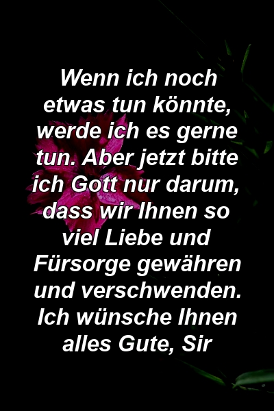 Wenn ich noch etwas tun könnte, werde ich es gerne tun. Aber jetzt bitte ich Gott nur darum, dass wir Ihnen so viel Liebe und Fürsorge gewähren und verschwenden. Ich wünsche Ihnen alles Gute, Sir