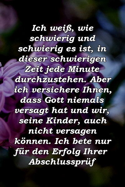 Ich weiß, wie schwierig und schwierig es ist, in dieser schwierigen Zeit jede Minute durchzustehen. Aber ich versichere Ihnen, dass Gott niemals versagt hat und wir, seine Kinder, auch nicht versagen können. Ich bete nur für den Erfolg Ihrer Abschlussprüf