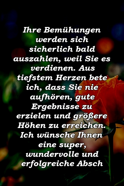 Ihre Bemühungen werden sich sicherlich bald auszahlen, weil Sie es verdienen. Aus tiefstem Herzen bete ich, dass Sie nie aufhören, gute Ergebnisse zu erzielen und größere Höhen zu erreichen. Ich wünsche Ihnen eine super, wundervolle und erfolgreiche Absch