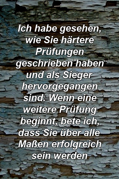 Ich habe gesehen, wie Sie härtere Prüfungen geschrieben haben und als Sieger hervorgegangen sind. Wenn eine weitere Prüfung beginnt, bete ich, dass Sie über alle Maßen erfolgreich sein werden