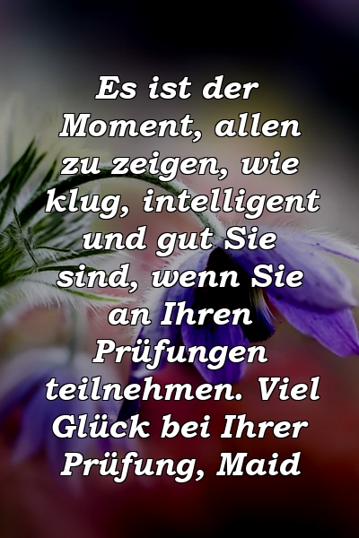 Es ist der Moment, allen zu zeigen, wie klug, intelligent und gut Sie sind, wenn Sie an Ihren Prüfungen teilnehmen. Viel Glück bei Ihrer Prüfung, Maid