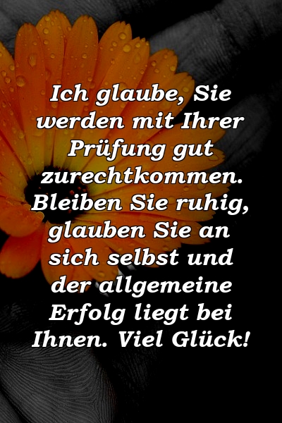 Ich glaube, Sie werden mit Ihrer Prüfung gut zurechtkommen. Bleiben Sie ruhig, glauben Sie an sich selbst und der allgemeine Erfolg liegt bei Ihnen. Viel Glück!