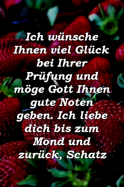 Ich wünsche Ihnen viel Glück bei Ihrer Prüfung und möge Gott Ihnen gute Noten geben. Ich liebe dich bis zum Mond und zurück, Schatz