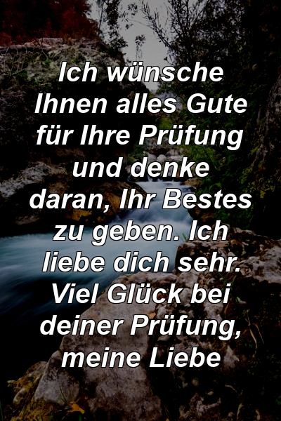 Ich wünsche Ihnen alles Gute für Ihre Prüfung und denke daran, Ihr Bestes zu geben. Ich liebe dich sehr. Viel Glück bei deiner Prüfung, meine Liebe