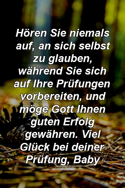 Hören Sie niemals auf, an sich selbst zu glauben, während Sie sich auf Ihre Prüfungen vorbereiten, und möge Gott Ihnen guten Erfolg gewähren. Viel Glück bei deiner Prüfung, Baby