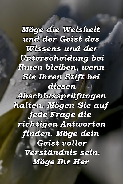 Möge die Weisheit und der Geist des Wissens und der Unterscheidung bei Ihnen bleiben, wenn Sie Ihren Stift bei diesen Abschlussprüfungen halten. Mögen Sie auf jede Frage die richtigen Antworten finden. Möge dein Geist voller Verständnis sein. Möge Ihr Her