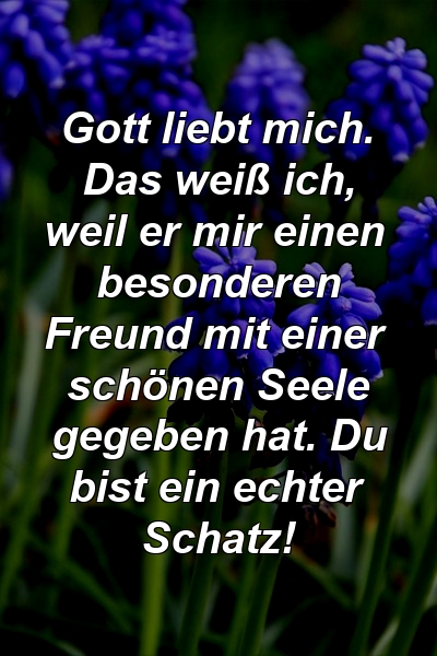 Gott liebt mich. Das weiß ich, weil er mir einen besonderen Freund mit einer schönen Seele gegeben hat. Du bist ein echter Schatz!