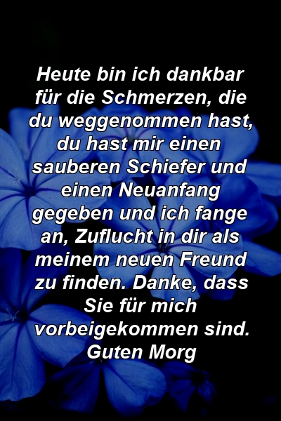 Heute bin ich dankbar für die Schmerzen, die du weggenommen hast, du hast mir einen sauberen Schiefer und einen Neuanfang gegeben und ich fange an, Zuflucht in dir als meinem neuen Freund zu finden. Danke, dass Sie für mich vorbeigekommen sind. Guten Morg