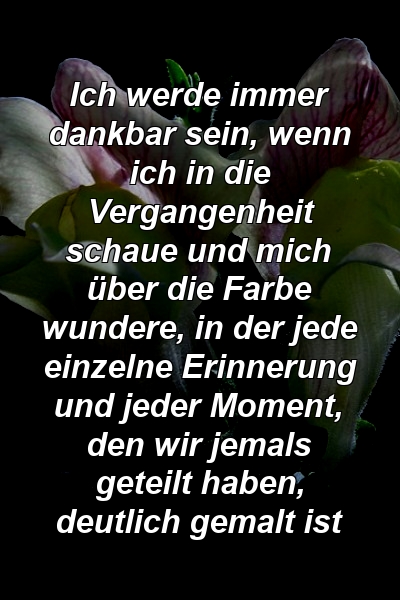 Ich werde immer dankbar sein, wenn ich in die Vergangenheit schaue und mich über die Farbe wundere, in der jede einzelne Erinnerung und jeder Moment, den wir jemals geteilt haben, deutlich gemalt ist