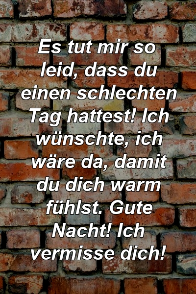 Es tut mir so leid, dass du einen schlechten Tag hattest! Ich wünschte, ich wäre da, damit du dich warm fühlst. Gute Nacht! Ich vermisse dich!