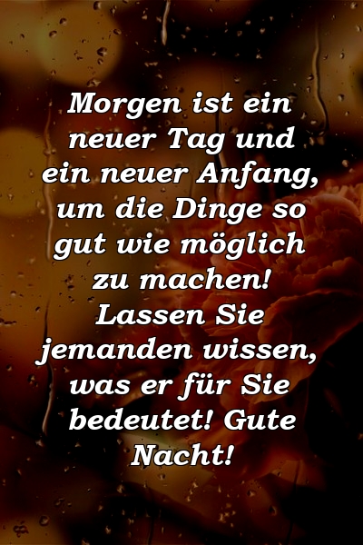 Morgen ist ein neuer Tag und ein neuer Anfang, um die Dinge so gut wie möglich zu machen! Lassen Sie jemanden wissen, was er für Sie bedeutet! Gute Nacht!