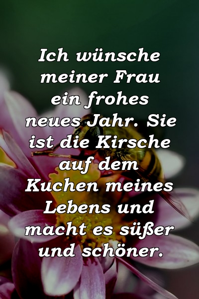 Ich wünsche meiner Frau ein frohes neues Jahr. Sie ist die Kirsche auf dem Kuchen meines Lebens und macht es süßer und schöner.