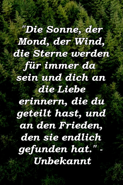 "Die Sonne, der Mond, der Wind, die Sterne werden für immer da sein und dich an die Liebe erinnern, die du geteilt hast, und an den Frieden, den sie endlich gefunden hat." - Unbekannt