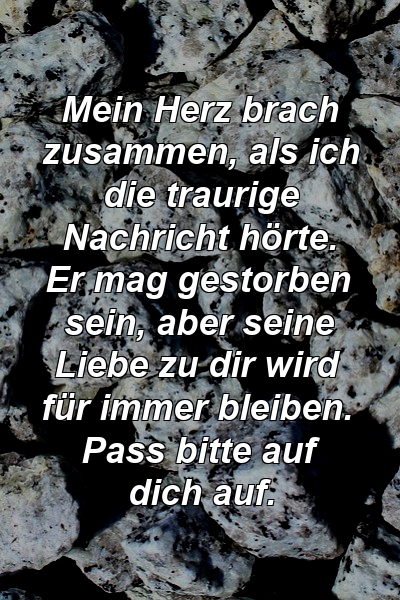 Mein Herz brach zusammen, als ich die traurige Nachricht hörte. Er mag gestorben sein, aber seine Liebe zu dir wird für immer bleiben. Pass bitte auf dich auf.