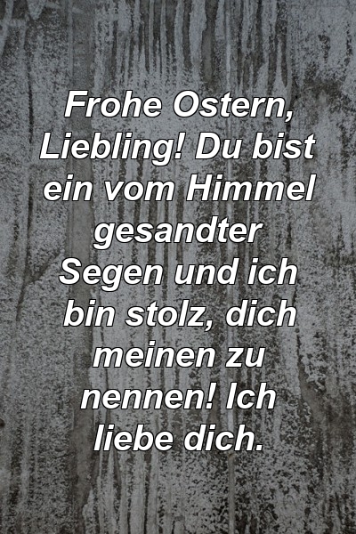 Frohe Ostern, Liebling! Du bist ein vom Himmel gesandter Segen und ich bin stolz, dich meinen zu nennen! Ich liebe dich.