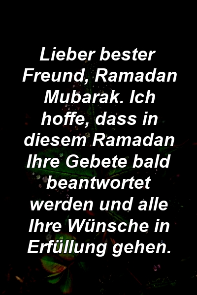 Lieber bester Freund, Ramadan Mubarak. Ich hoffe, dass in diesem Ramadan Ihre Gebete bald beantwortet werden und alle Ihre Wünsche in Erfüllung gehen.