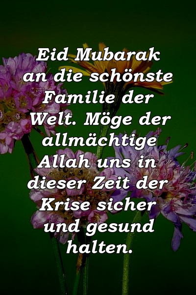 Eid Mubarak an die schönste Familie der Welt. Möge der allmächtige Allah uns in dieser Zeit der Krise sicher und gesund halten.