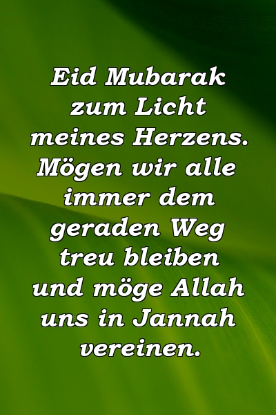 Eid Mubarak zum Licht meines Herzens. Mögen wir alle immer dem geraden Weg treu bleiben und möge Allah uns in Jannah vereinen.