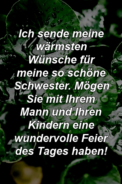 Ich sende meine wärmsten Wünsche für meine so schöne Schwester. Mögen Sie mit Ihrem Mann und Ihren Kindern eine wundervolle Feier des Tages haben!