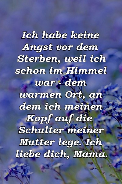 Ich habe keine Angst vor dem Sterben, weil ich schon im Himmel war - dem warmen Ort, an dem ich meinen Kopf auf die Schulter meiner Mutter lege. Ich liebe dich, Mama.