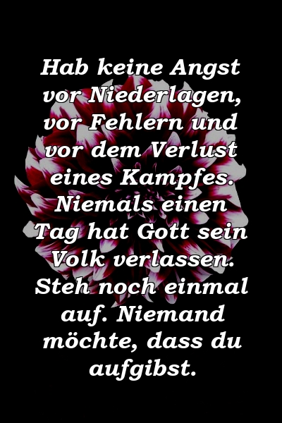 Hab keine Angst vor Niederlagen, vor Fehlern und vor dem Verlust eines Kampfes. Niemals einen Tag hat Gott sein Volk verlassen. Steh noch einmal auf. Niemand möchte, dass du aufgibst.