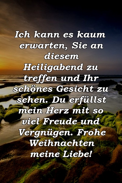 Ich kann es kaum erwarten, Sie an diesem Heiligabend zu treffen und Ihr schönes Gesicht zu sehen. Du erfüllst mein Herz mit so viel Freude und Vergnügen. Frohe Weihnachten meine Liebe!