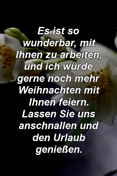 Es ist so wunderbar, mit Ihnen zu arbeiten, und ich würde gerne noch mehr Weihnachten mit Ihnen feiern. Lassen Sie uns anschnallen und den Urlaub genießen.