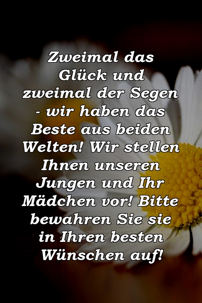 Zweimal das Glück und zweimal der Segen - wir haben das Beste aus beiden Welten! Wir stellen Ihnen unseren Jungen und Ihr Mädchen vor! Bitte bewahren Sie sie in Ihren besten Wünschen auf!