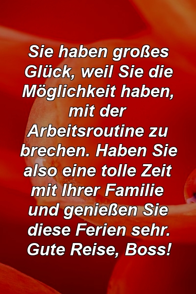 Sie haben großes Glück, weil Sie die Möglichkeit haben, mit der Arbeitsroutine zu brechen. Haben Sie also eine tolle Zeit mit Ihrer Familie und genießen Sie diese Ferien sehr. Gute Reise, Boss!