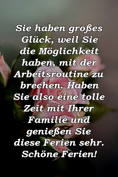 Sie haben großes Glück, weil Sie die Möglichkeit haben, mit der Arbeitsroutine zu brechen. Haben Sie also eine tolle Zeit mit Ihrer Familie und genießen Sie diese Ferien sehr. Schöne Ferien!