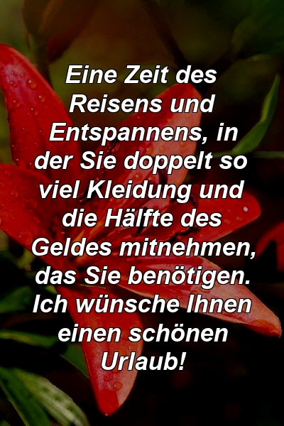 Eine Zeit des Reisens und Entspannens, in der Sie doppelt so viel Kleidung und die Hälfte des Geldes mitnehmen, das Sie benötigen. Ich wünsche Ihnen einen schönen Urlaub!