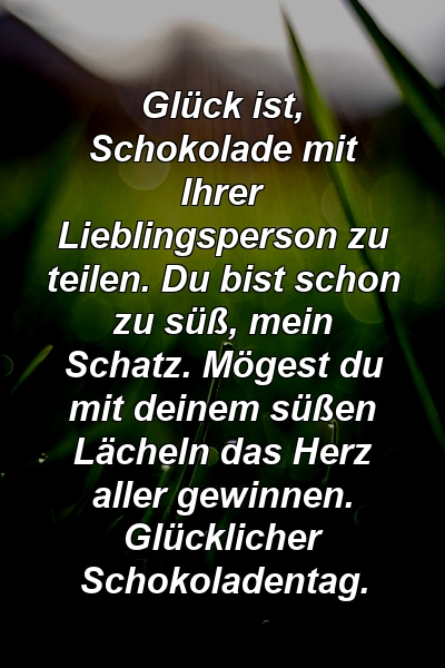 Glück ist, Schokolade mit Ihrer Lieblingsperson zu teilen. Du bist schon zu süß, mein Schatz. Mögest du mit deinem süßen Lächeln das Herz aller gewinnen. Glücklicher Schokoladentag.