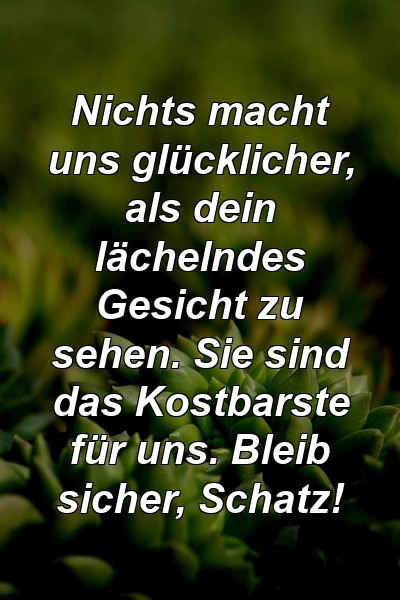 Nichts macht uns glücklicher, als dein lächelndes Gesicht zu sehen. Sie sind das Kostbarste für uns. Bleib sicher, Schatz!