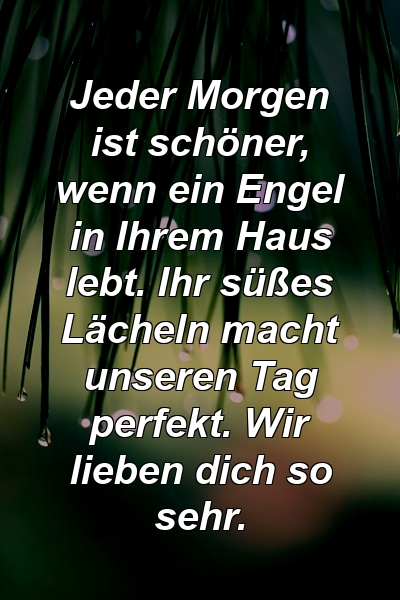 Jeder Morgen ist schöner, wenn ein Engel in Ihrem Haus lebt. Ihr süßes Lächeln macht unseren Tag perfekt. Wir lieben dich so sehr.