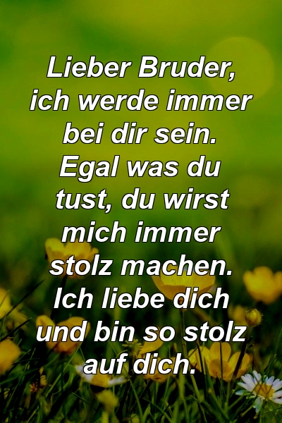 Lieber Bruder, ich werde immer bei dir sein. Egal was du tust, du wirst mich immer stolz machen. Ich liebe dich und bin so stolz auf dich.