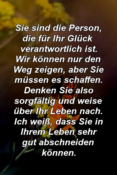 Sie sind die Person, die für Ihr Glück verantwortlich ist. Wir können nur den Weg zeigen, aber Sie müssen es schaffen. Denken Sie also sorgfältig und weise über Ihr Leben nach. Ich weiß, dass Sie in Ihrem Leben sehr gut abschneiden können.