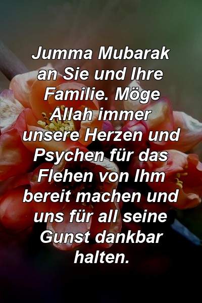 Jumma Mubarak an Sie und Ihre Familie. Möge Allah immer unsere Herzen und Psychen für das Flehen von Ihm bereit machen und uns für all seine Gunst dankbar halten.