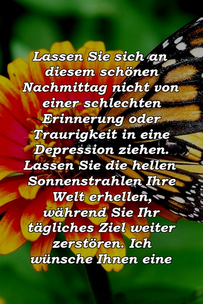 Lassen Sie sich an diesem schönen Nachmittag nicht von einer schlechten Erinnerung oder Traurigkeit in eine Depression ziehen. Lassen Sie die hellen Sonnenstrahlen Ihre Welt erhellen, während Sie Ihr tägliches Ziel weiter zerstören. Ich wünsche Ihnen eine