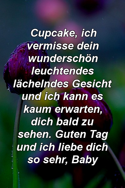 Cupcake, ich vermisse dein wunderschön leuchtendes lächelndes Gesicht und ich kann es kaum erwarten, dich bald zu sehen. Guten Tag und ich liebe dich so sehr, Baby