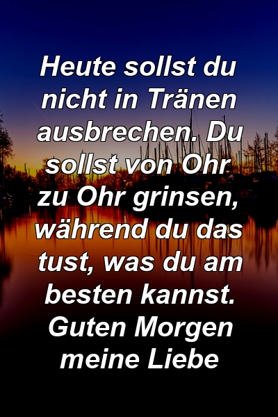 Heute sollst du nicht in Tränen ausbrechen. Du sollst von Ohr zu Ohr grinsen, während du das tust, was du am besten kannst. Guten Morgen meine Liebe