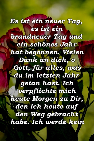 Es ist ein neuer Tag, es ist ein brandneuer Tag und ein schönes Jahr hat begonnen. Vielen Dank an dich, o Gott, für alles, was du im letzten Jahr getan hast. Ich verpflichte mich heute Morgen zu Dir, den ich heute auf den Weg gebracht habe. Ich werde kein