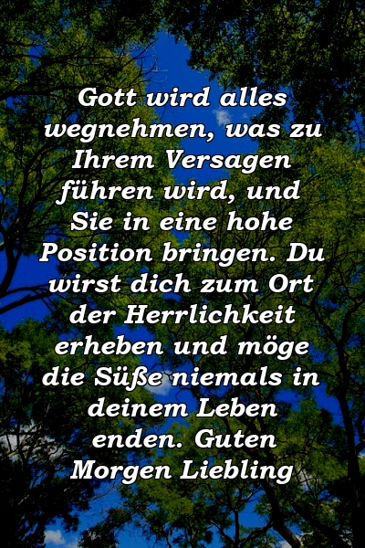 Gott wird alles wegnehmen, was zu Ihrem Versagen führen wird, und Sie in eine hohe Position bringen. Du wirst dich zum Ort der Herrlichkeit erheben und möge die Süße niemals in deinem Leben enden. Guten Morgen Liebling